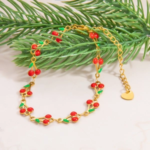 Bohemian 18k gold plated stainless steel bracelet with red enamel cherry pendants