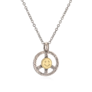 Punk style peace sign necklace with golden heart-eyed smiley face in vintage silver finish