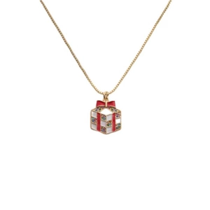 Christmas Gift Box Pendant Necklace Gold Plated Copper Red Bow Enamel Colorful Zircon Jewelry For Women Festive Gift