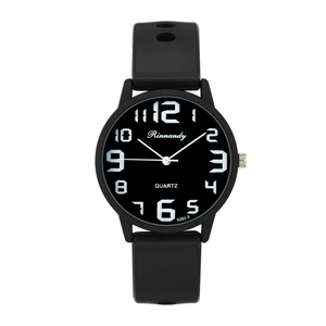 Fashionable black silicone quartz sports watch with large white numerals on a round dial