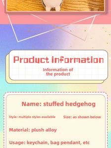 Detailed view of hedgehog plush keychain specifications with soft fabric and alloy materials