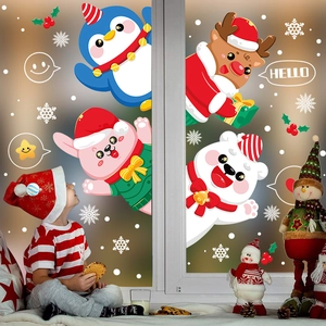 Christmas window decals with cute cartoon animals and a boy in festive winter atmosphere