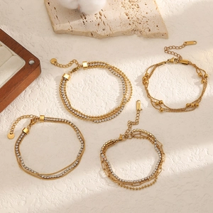 Multi Layer Stainless Steel Bracelet Rhinestone Inlaid Gold Vacuum Plated Elegant Geometric Jewelry For Women