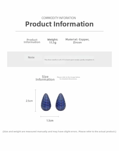 Detailed specs of blue teardrop earrings with silver needles and zircon weighing 11.1g