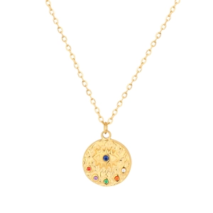 Elegant 18k gold plated titanium steel oval medallion necklace with multi-color zircon evil eye