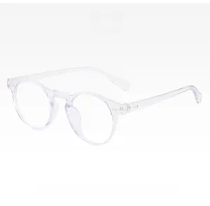 Detail view of round lavender purple eyeglass frames with anti-blue light design