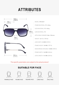 Detailed size specifications and frame parameters for retro square outdoor sunglasses