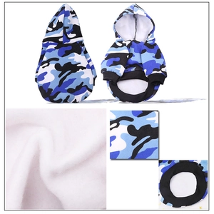 Detail view of blue camo pet hoodie showing fleece lining and elastic ribbed cuffs