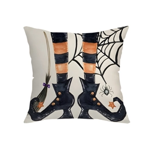 Halloween decorative pillowcase with watercolor witch legs, broom and spider web patterns
