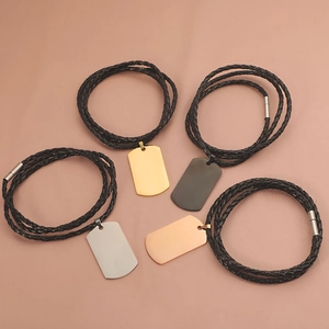Titanium steel dog tag necklaces in gold, black, silver, and rose gold on leather cords