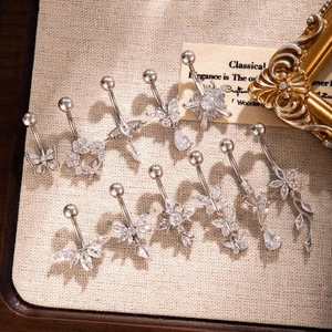 Set of 10 silver stainless steel belly button rings with zircon butterfly and cross charms