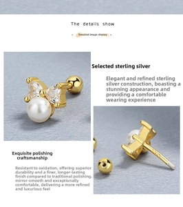 Macro shot of 925 sterling silver bow earrings with round pearls and screw back closures
