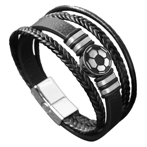 Multilayer black leather and braided rope bracelet with a football charm for men