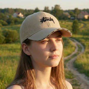 Beige baseball cap with letter embroidery and sport ribbon edge in natural sunlight