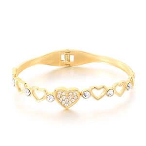 Elegant hollow heart-shaped gold bangle with sparkling crystal rhinestones for women