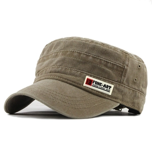Classic washed cotton flat top military cap in earth brown with breathable side vents
