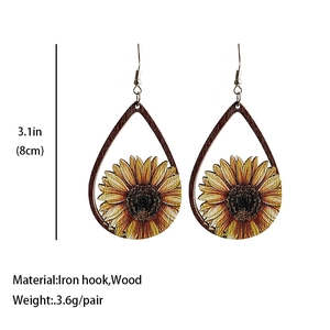 Western style wooden teardrop earrings with sunflower print and iron hooks for women