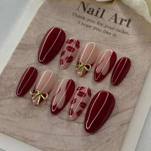 Burgundy Nude Heart Lip Press On Nails 3D Golden Bow Valentine's Day French Style Long Almond Glossy Full Cover Fake Nails