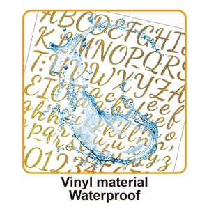 Waterproof glitter vinyl letter stickers shown with water splashes to prove durability
