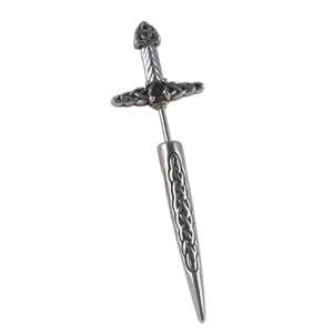 Gothic sword earring in vintage silver finish with Celtic knot patterns and black stone