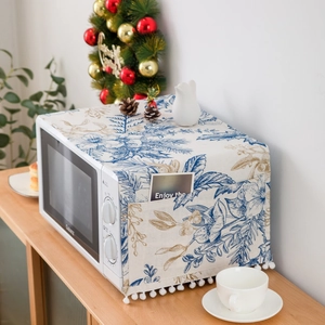 Floral cotton linen microwave cover with side pockets and elegant white tassel trim
