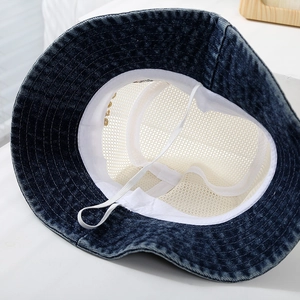 Denim bucket hat with breathable mesh lining and adjustable chin strap for kids