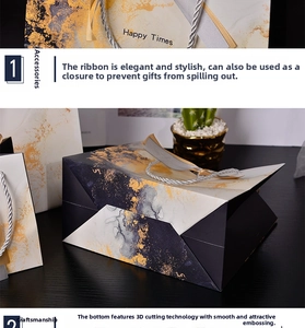 Detail of silver ribbon handle and marble pattern on stylish gift bag with gold foil
