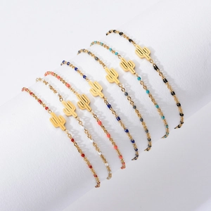 Cactus Pendant Beaded Bracelet Stainless Steel Gold Plated Colorful Beads Adjustable Bohemian Summer Jewelry For Women