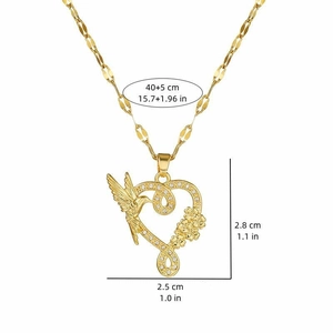 Golden heart necklace with hummingbird floral pendant and sparkling cubic zirconia stones