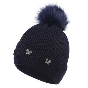 Winter navy blue cable knit beanie featuring a faux fur pom-pom and crystal butterfly accents