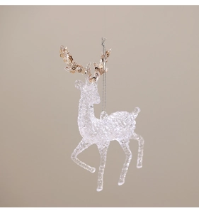 Clear acrylic reindeer ornament with golden sequins and silver cord for Christmas trees