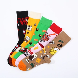 Five pack of cotton crew socks with fun food patterns like coffee and beer for daily wear