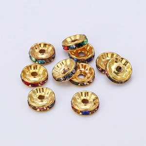 Flat round golden spacer beads with colorful rhinestones for DIY jewelry making