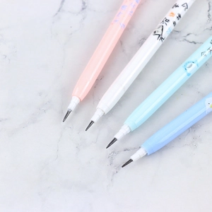 Close-up of four colorful multi-functional pencils with fun patterns on marble background