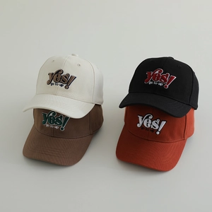 Kids cotton baseball caps with Yes! embroidery in beige, brown, black and orange