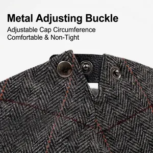 Men's herringbone tweed newsboy cap with adjustable leather metal buckle closure