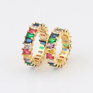 Detail of gold rainbow ring featuring channel-set rectangular multi-color zircons