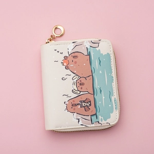 Cute Capybara cartoon zip coin purse in off-white PU leather with thermal spring print