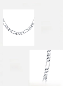 Macro detail of polished 925 sterling silver Figaro chain showing high-gloss link texture