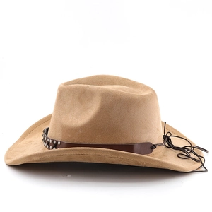 Detail of khaki faux suede cowboy hat showing leather band with silver metal studs