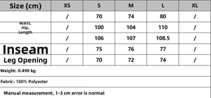 Detailed size chart for wide-leg trousers showing measurements in cm from XS to XL