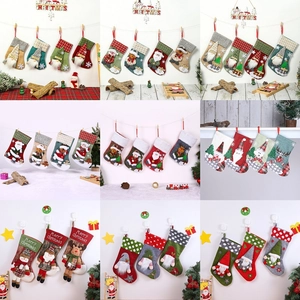 Chaussettes De Noël Lin Toile De Jute Peluche 3D Dessin Animé Père Noël Bonhomme De Neige Renne Sapin Décor Suspendu
