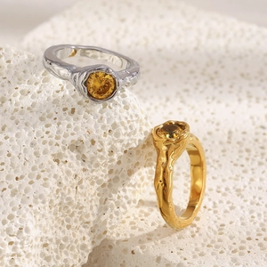 18K gold plated stainless steel ring with lava texture and yellow zircon gemstone