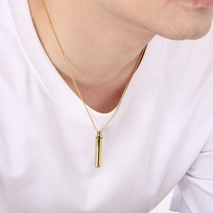 Minimalist gold cylindrical perfume bottle pendant necklace made of stainless steel for men