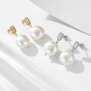French vintage S925 silver shell button pearl earrings with rectangle zircons