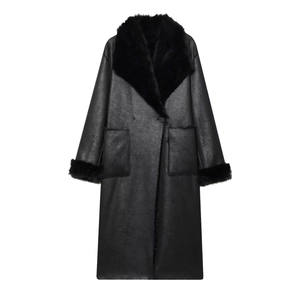Winter long black faux fur coat with plush collar and cuffs for elegant women styling