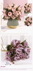 Detailed view of artificial champagne and purple peonies with textured fabric petals