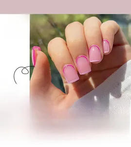 Detail showing French press-on nails in sheer pink with vibrant purple-pink outlines