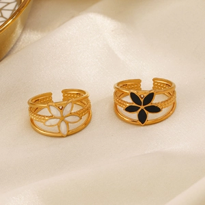 18K gold plated stainless steel open rings with elegant black and white enamel flowers