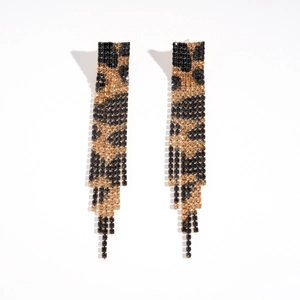 Leopard print rectangular fringe earrings with rhinestones on a white background